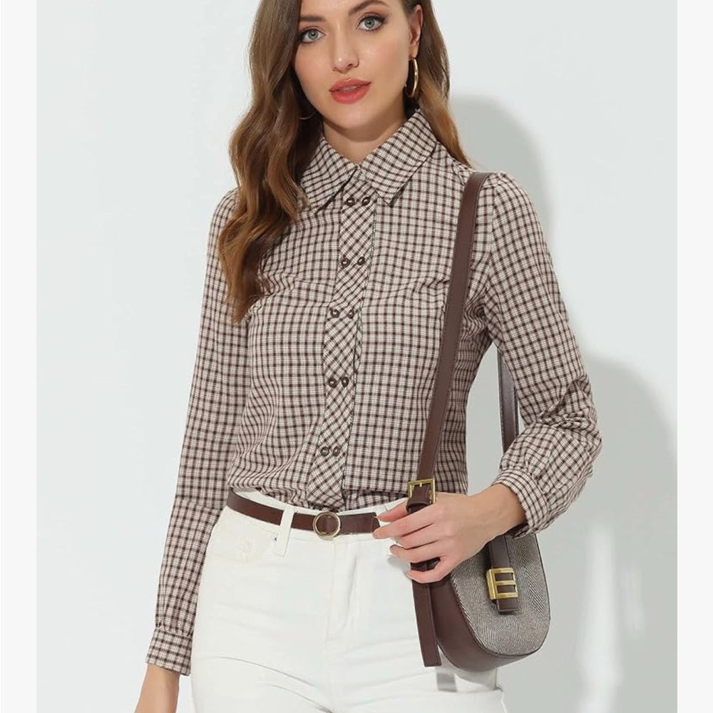 Allegra K Brown and Cream Checkered Button-Down Shirt